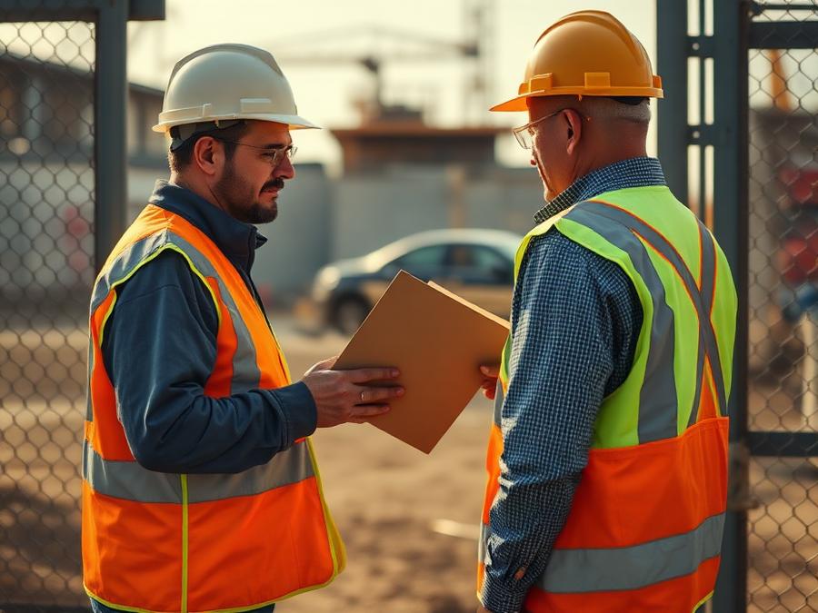 Hi-vis worker handing a document folder to a site superintendent at a jobsite gate