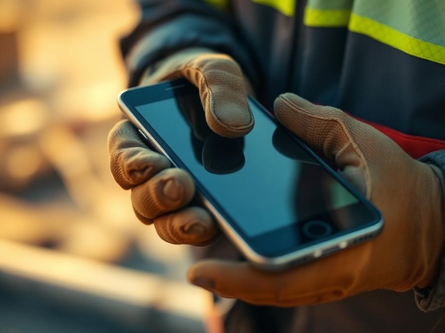 Gloved contractor hand tapping a smartphone screen on a jobsite