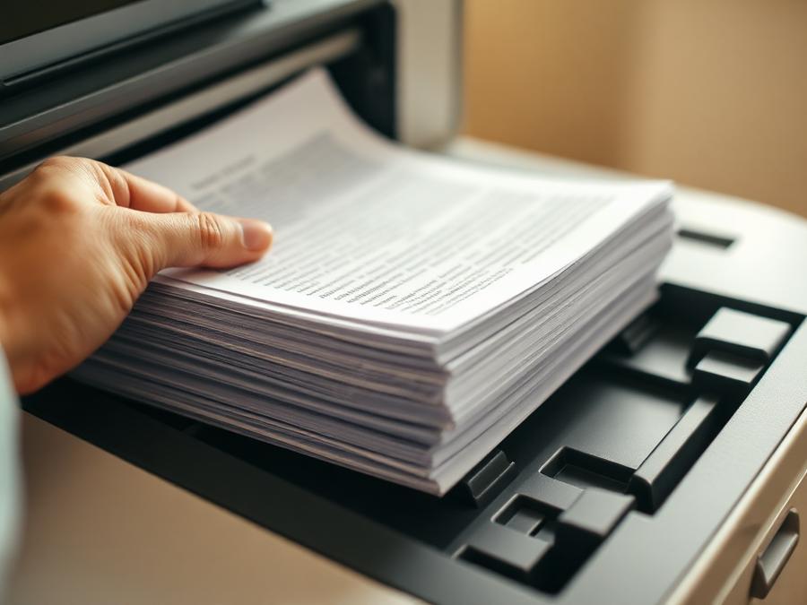 Stack of freshly printed safety plan pages being lifted from a printer