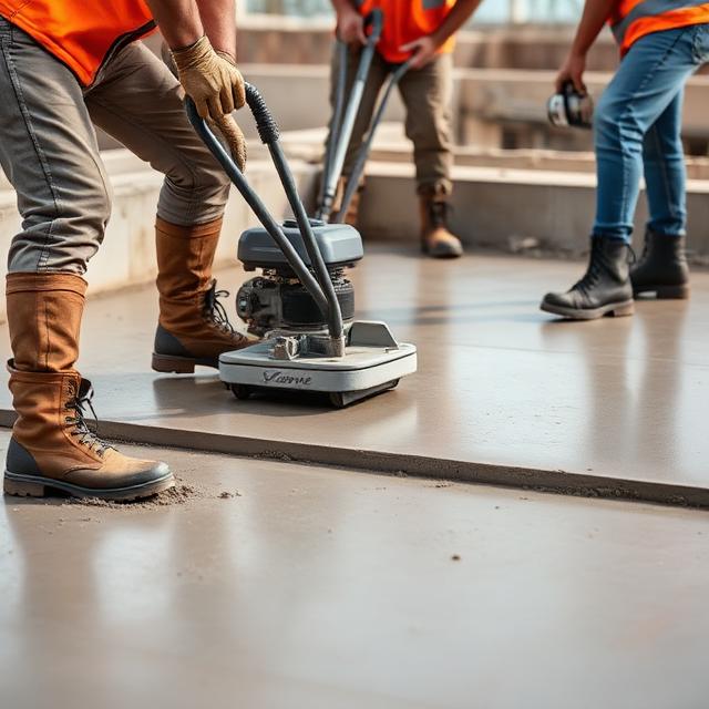 Crew finishing a fresh concrete slab