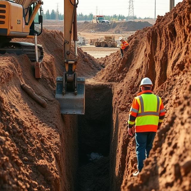 Excavator digging a trench on a jobsite