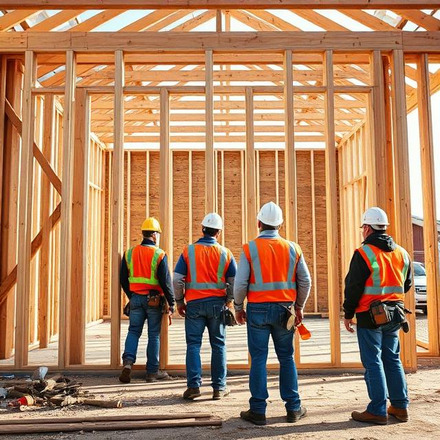 Framing crew raising wood stud walls