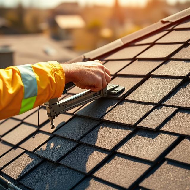 Roofer nailing shingles on a sloped roof